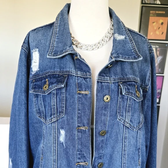 New One 5 One Distressed Denim Trucker Jacket Medium Wash 2X Plus - Picture 2 of 11